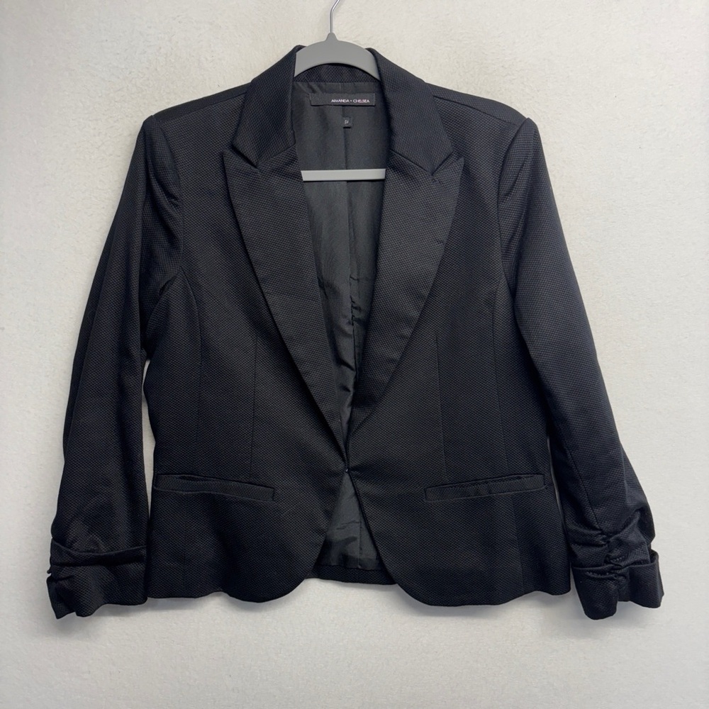 Amanda + Chelsea‎ Black 3/4 Sleeve Jacket Blazer 12 Hook Closure Ruched Sleeve